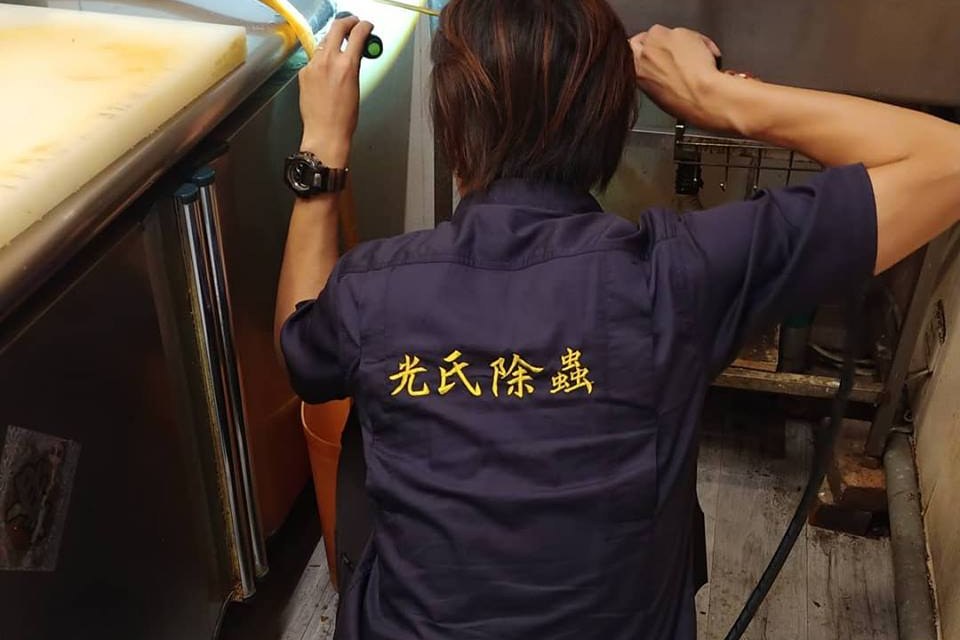 光氏除蟲師傅拿手電筒檢查廚房檯面下