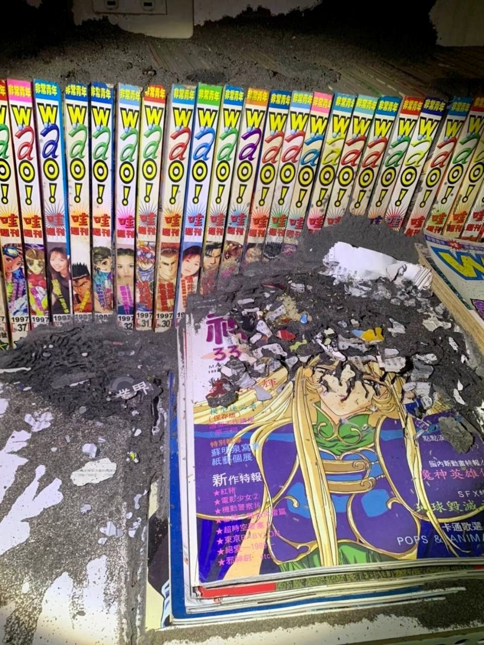 整排漫畫書被白蟻泥土蟻道侵入