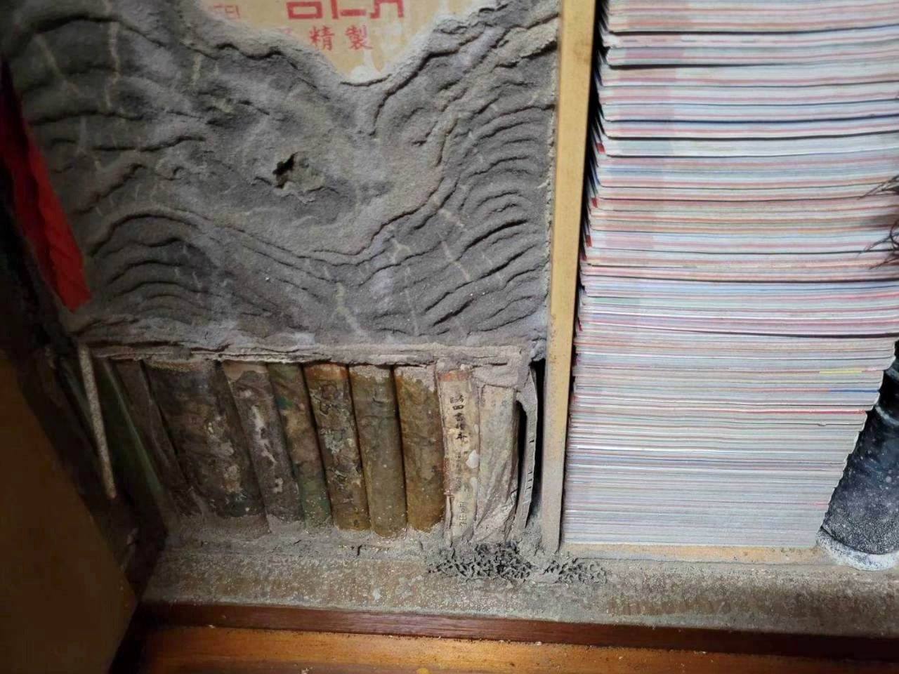 櫃子裡的書本被白蟻蛀成波浪狀層紋